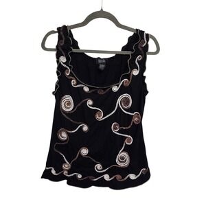 90s Vintage Objects D'Art Embroidered Tank Top Sleeveless‎ Black Top Size L